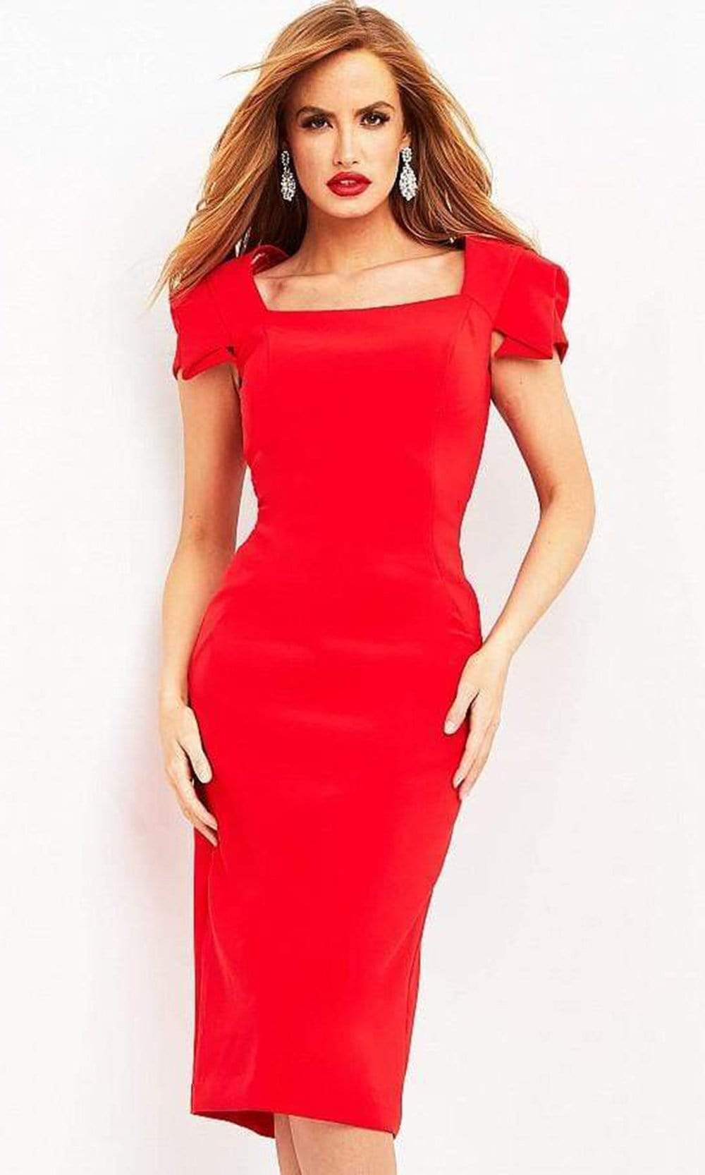 Jovani - 03808 Square Neck Simple Midi Dress Cocktail Dresses 00 / Red/ Orange