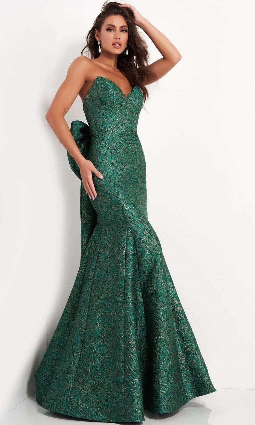 Jovani - 04158 Strapless Bow Accent Open Back Jacquard Evening Dress Evening Dresses 00 / Green