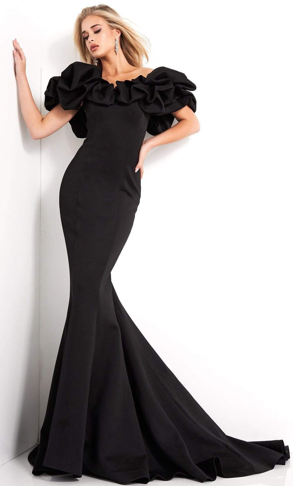 Jovani - 04368 Ruffled Off Shoulder Scuba Mermaid Evening Dress Evening Dresses 00 / Black