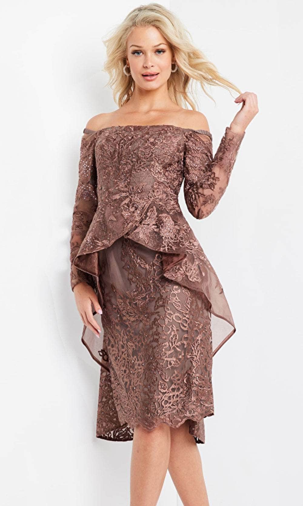 Jovani 04452 - Knee Length Sheath Dress - Long sleeves, Peplum, Embroidery, Midi dress, Off shoulder sleeves 4 / Cafe Jovani 04452 - Knee Length Sheath Dress - Long sleeves, Peplum, Embroidery, Midi dress, Off shoulder sleeves 4 / Cafe