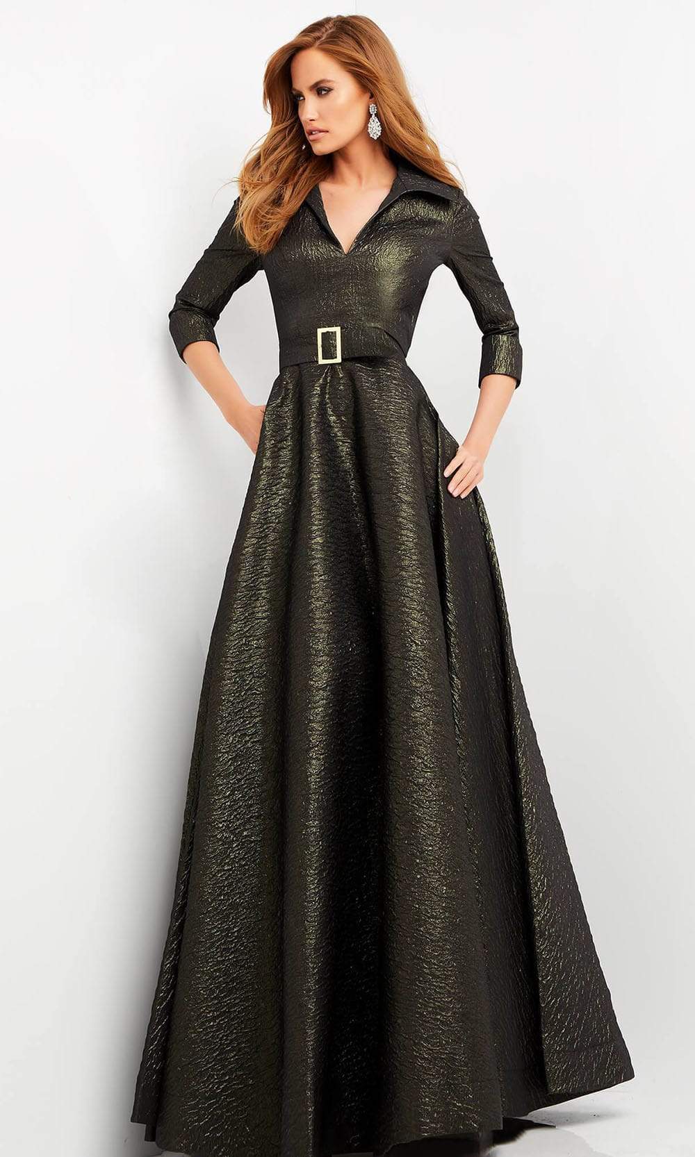 Jovani - 05075 Quarter Sleeve V-Neck Metallic Dress Evening Dresses 00 / Olive
