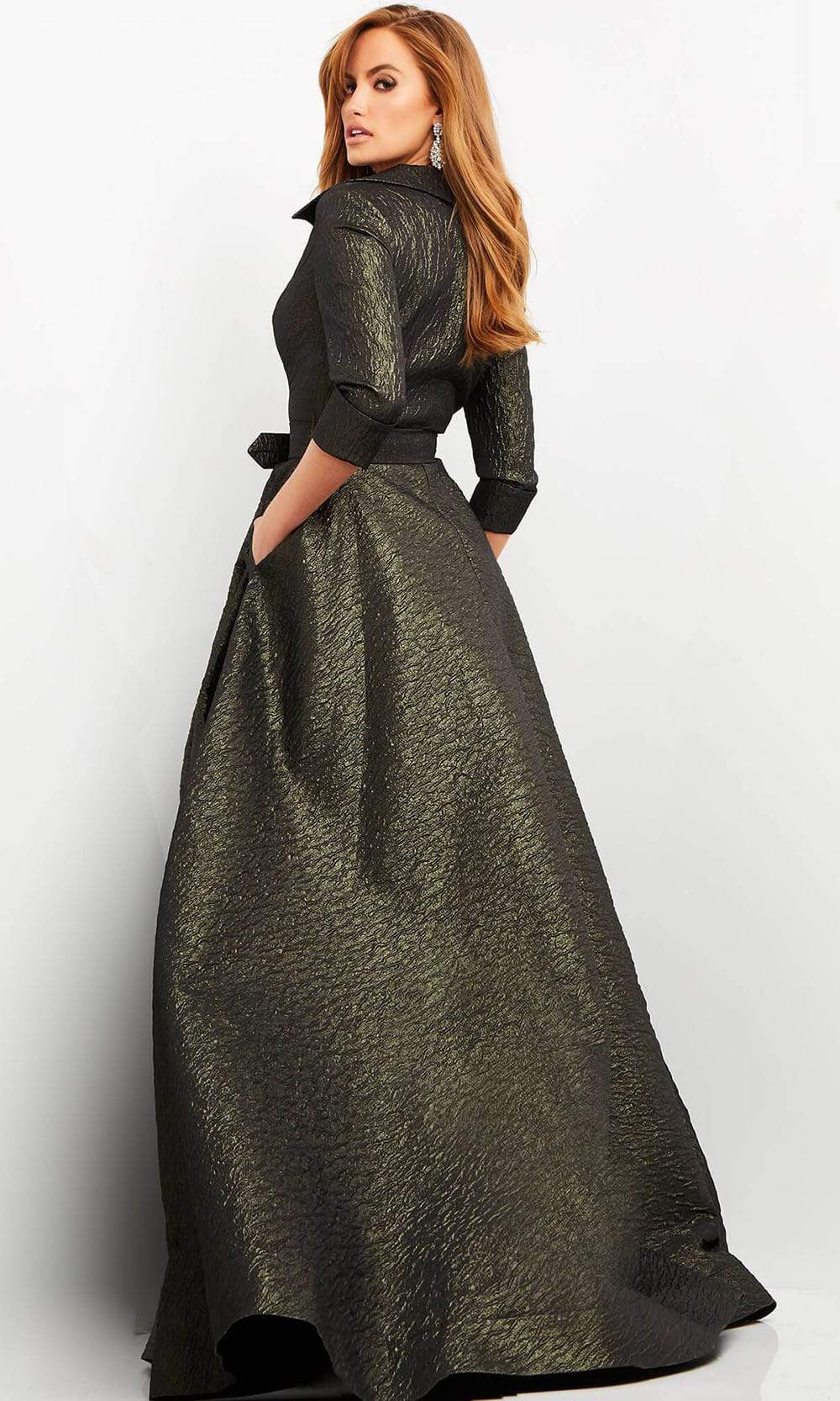 Jovani - 05075 Quarter Sleeve V-Neck Metallic Dress Evening Dresses