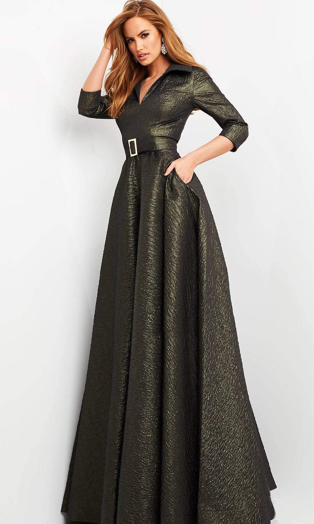 Jovani - 05075 Quarter Sleeve V-Neck Metallic Dress Evening Dresses
