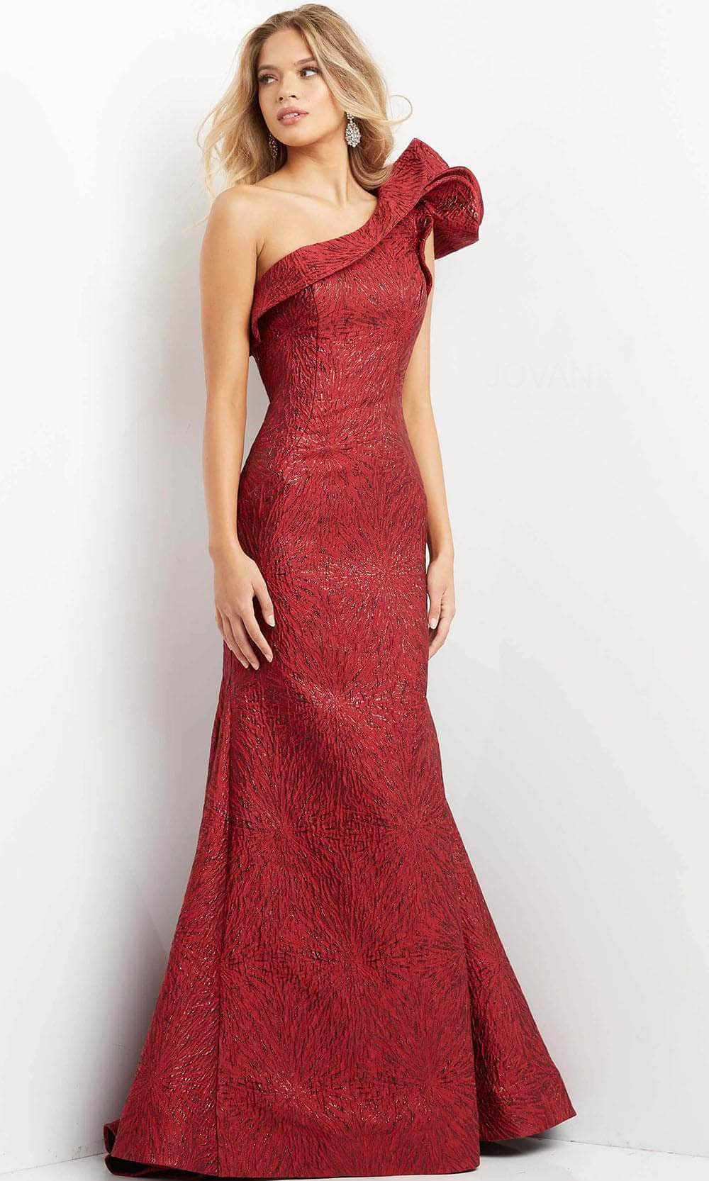 Jovani 05176 - Floral Ruffle Jacquard Evening Dress Evening Dresses 00 / Burgundy