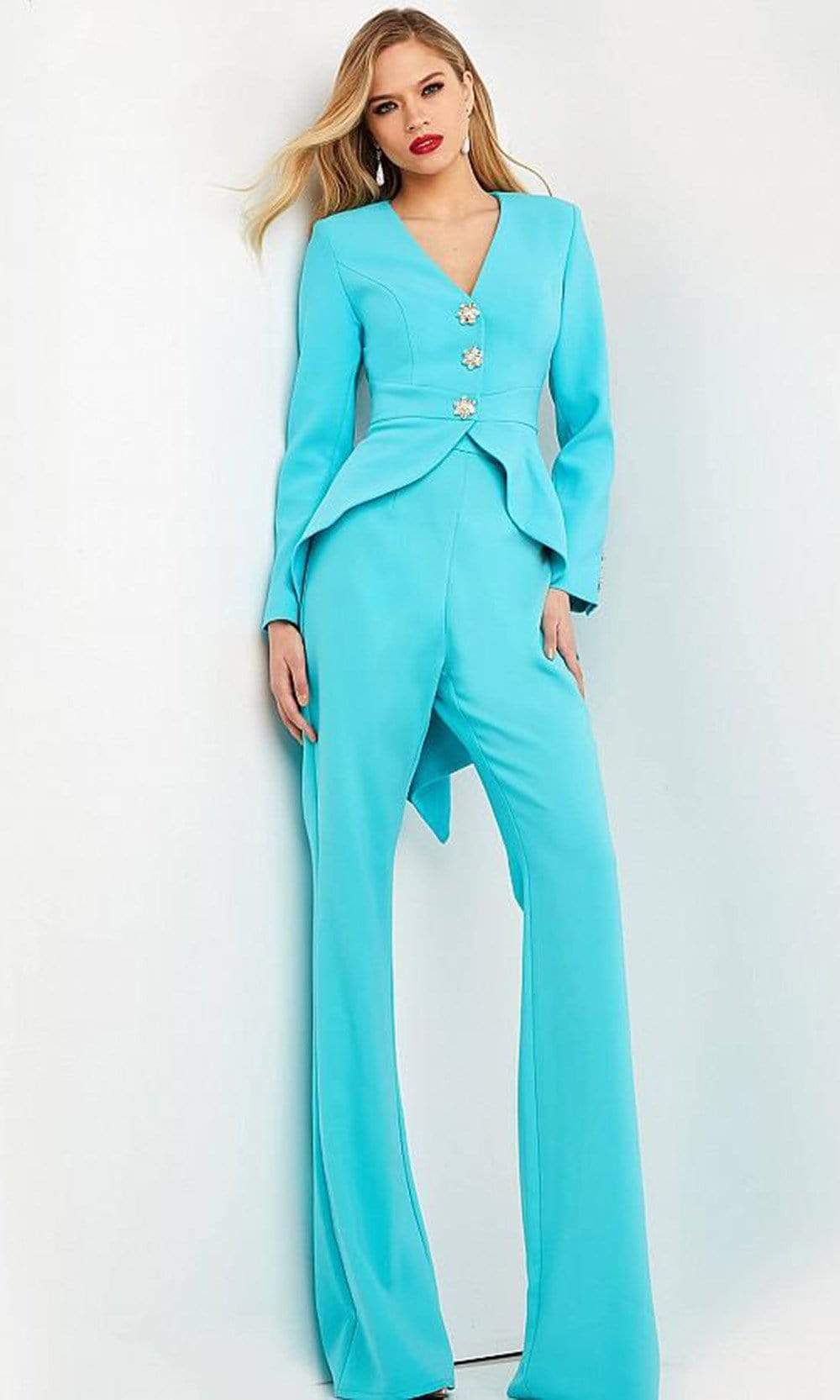 Jovani - 06479 Two Piece Racerback Pantsuit Evening Dresses 00 / Turquoise