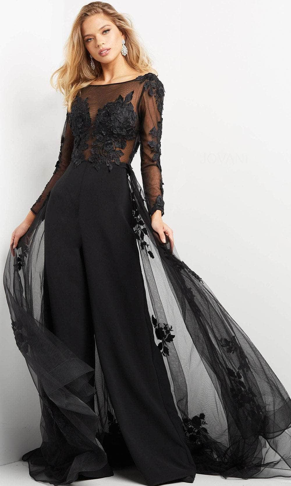Jovani 06609 - Bateau Overskirt Evening Jumpsuit Evening Dresses 00 / Black