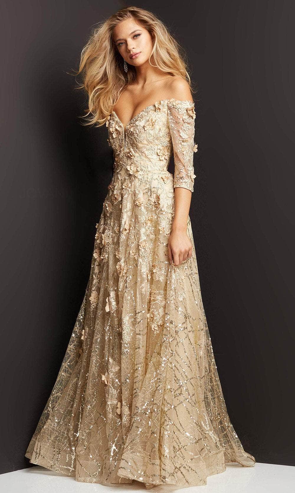 Jovani 06636 - Quarter Sleeve Floral Evening Gown Evening Dresses