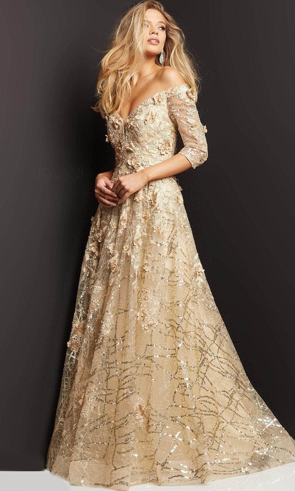 Jovani 06636 - Quarter Sleeve Floral Evening Gown Evening Dresses
