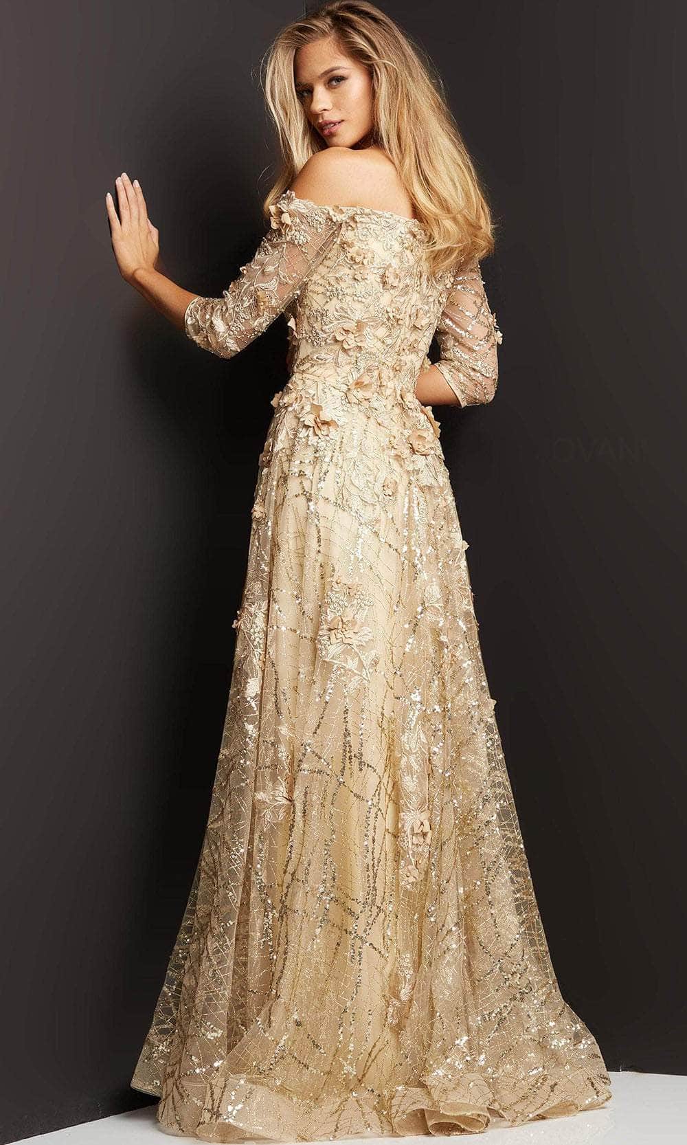 Jovani 06636 - Quarter Sleeve Floral Evening Gown Evening Dresses