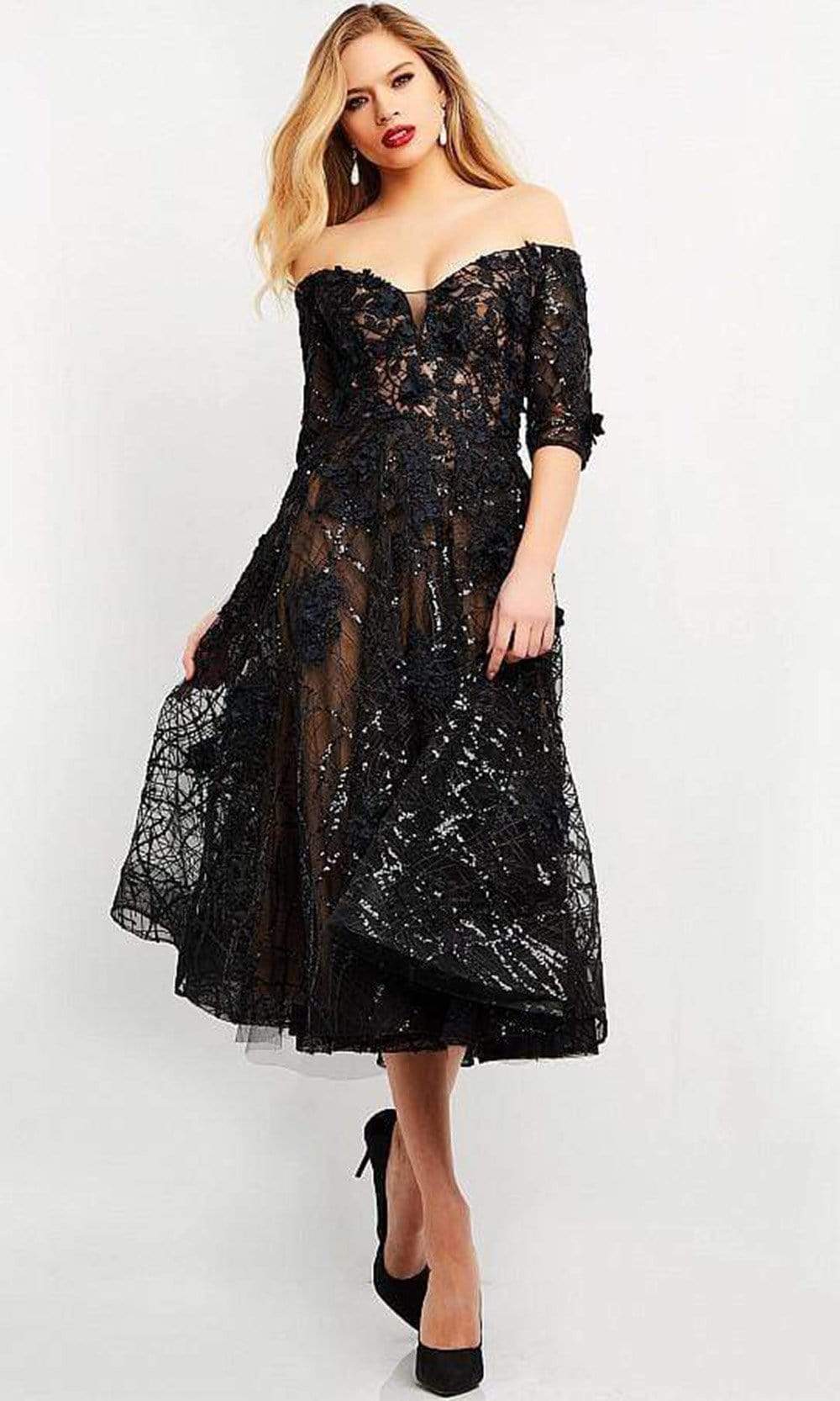 Jovani 06637 - Tea Length A-Line Dress - Quarter Sleeves, Embroidery, Beads, Inset. Fit And Flare, Off Shoulder Sleeves, Back Zipper 6 / Black Jovani 06637 - Tea Length A-Line Dress - Quarter Sleeves, Embroidery, Beads, Inset. Fit And Flare, Off Shoulder Sleeves, Back Zipper 6 / Black