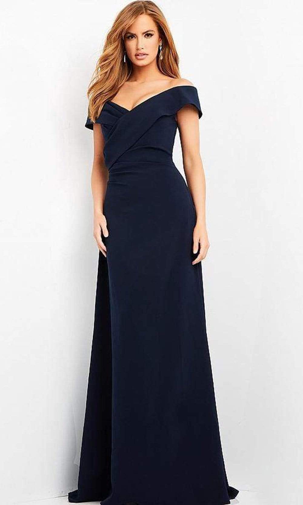 Jovani - 06746 Off Shoulder A-line Evening Gown Evening Dresses 00 / Navy