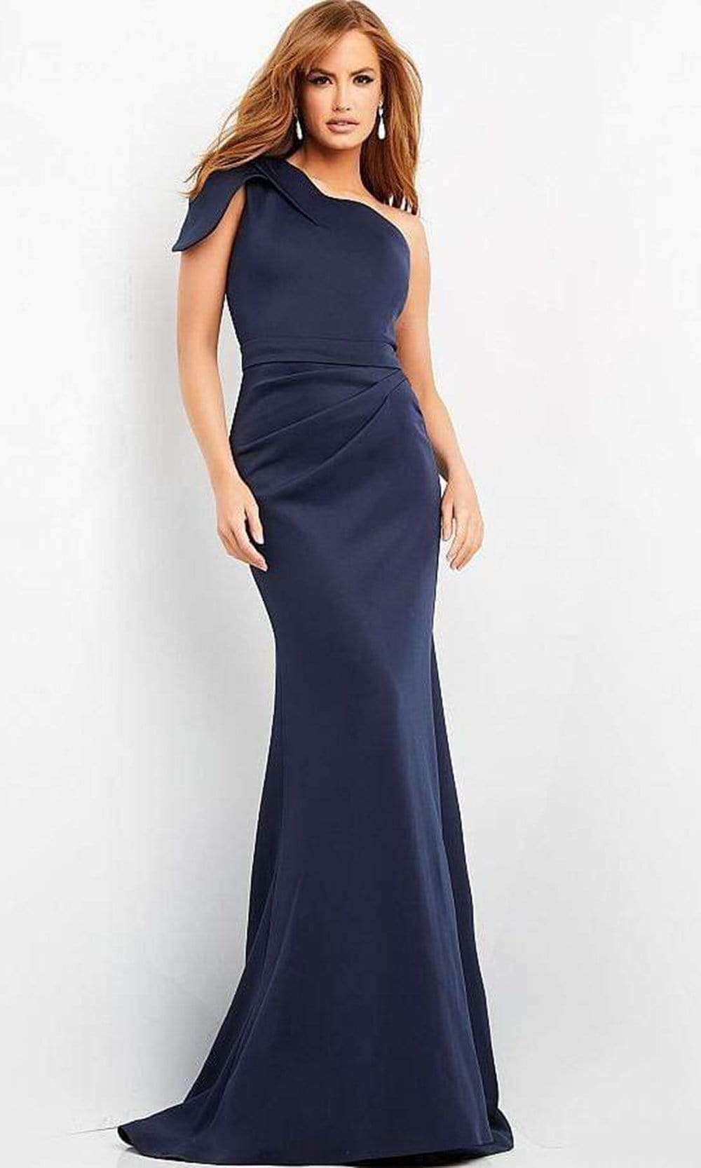 Jovani - 06753 Asymmetric Evening Gown w Court Train Evening Dresses 00 / Navy