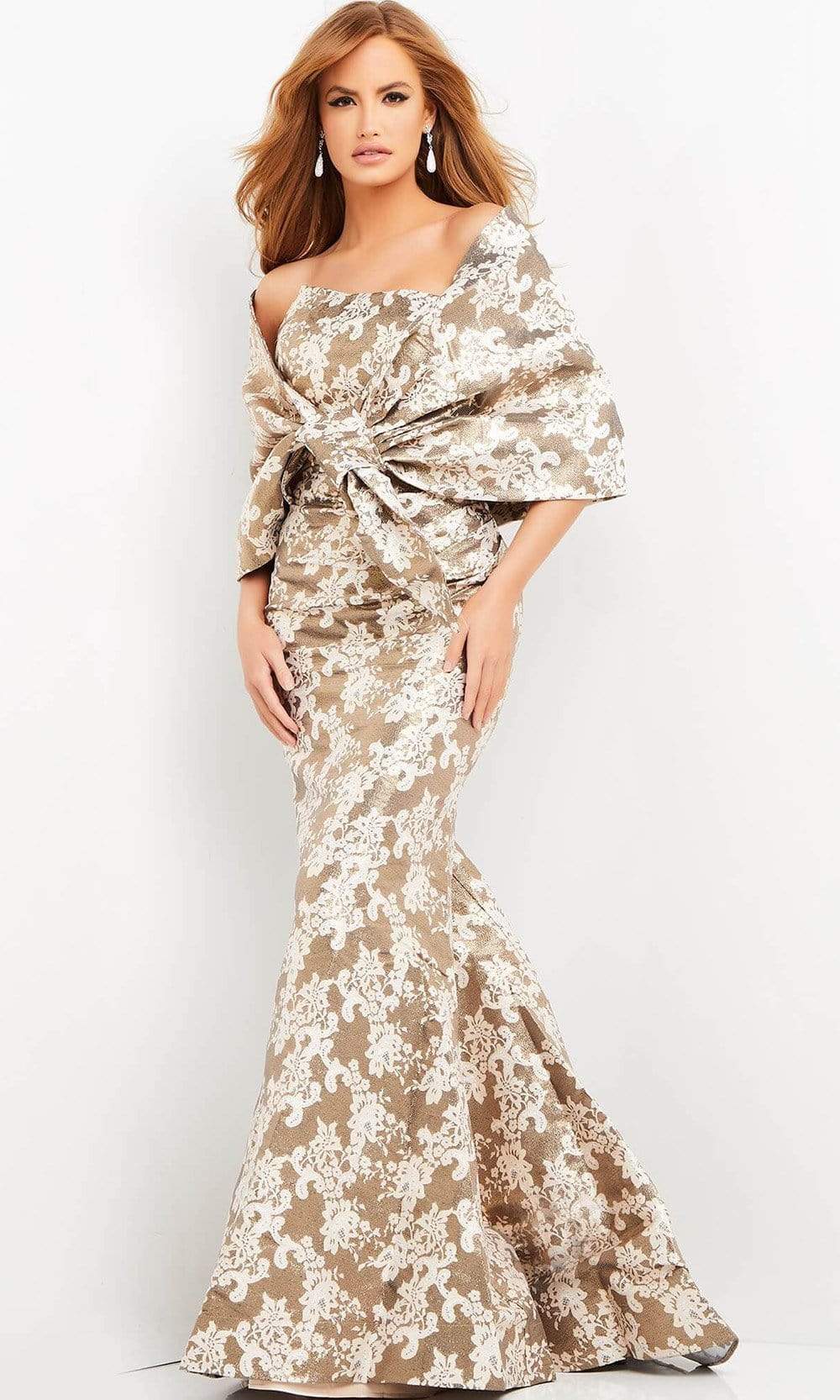 Jovani - 06760 Shawl Draped Floral Mermaid Dress Evening Dresses