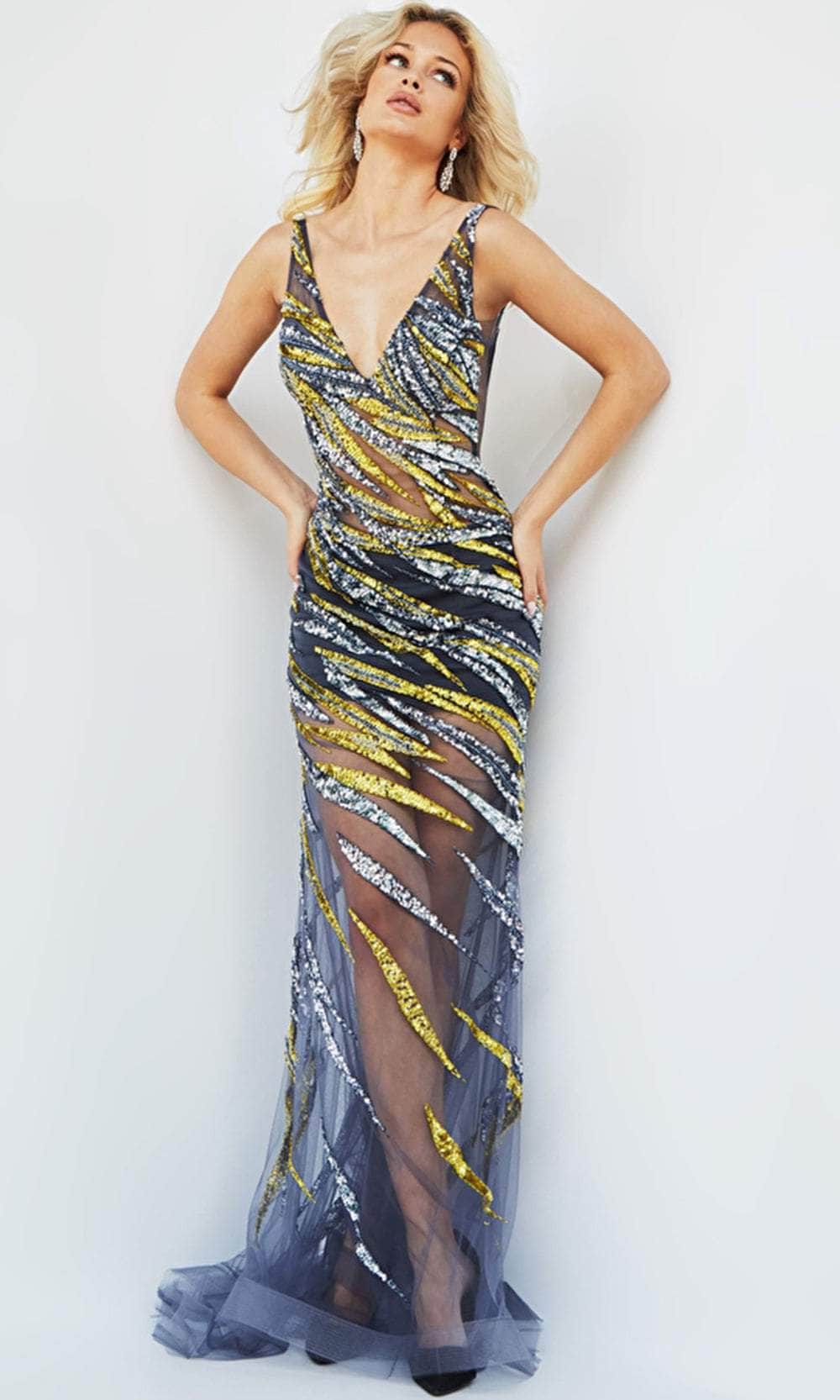 Jovani 06790 - Long Sheath Dress - Sequins, Low Back V-Open, Straps, Train 00 / Hot-Pink