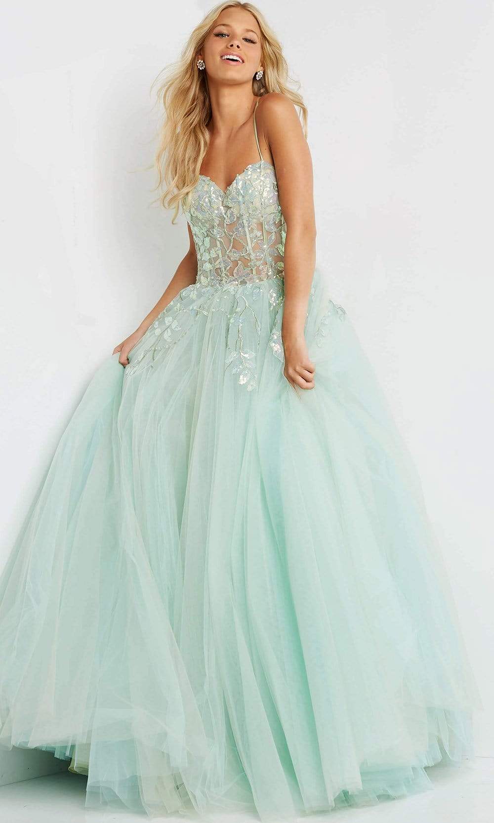 Jovani - 06816 Sweetheart Illusion Corset Ballgown Ball Gowns 00 / Mint