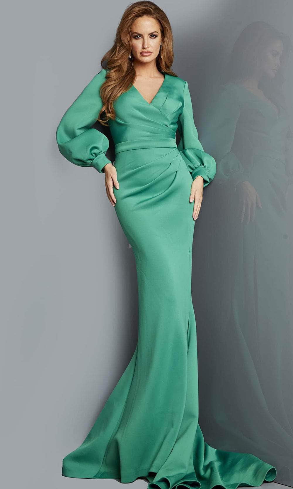 Jovani 07047 - Long Scuba Sheath Dress - Fitted, High Slit, Pleated, Bishop Long Sleeves, Floor-Length 8 / Navy Jovani 07047 - Long Scuba Sheath Dress - Fitted, High Slit, Pleated, Bishop Long Sleeves, Floor-Length 8 / Navy