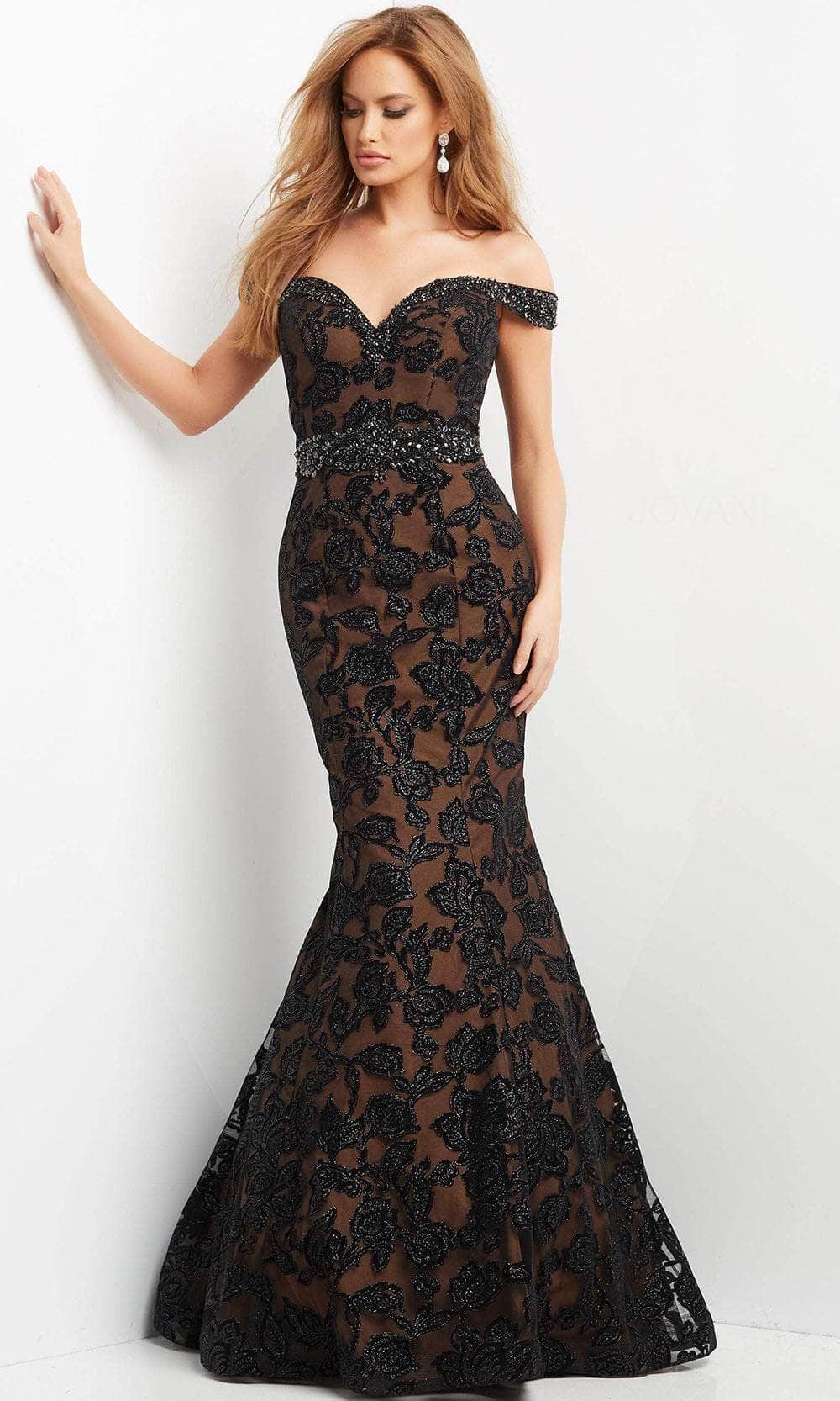 Jovani 07061 - Long Mermaid Dress - Off Shoulder, Beaded, Floral Lace Appliques, Mid-Open Back, Horsehair Hem, Sweep Train 4 / Black/Teal Jovani 07061 - Long Mermaid Dress - Off Shoulder, Beaded, Floral Lace Appliques, Mid-Open Back, Horsehair Hem, Sweep Train 4 / Black/Teal
