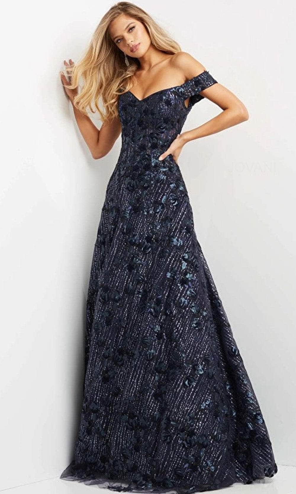 Jovani 07162 - Off-shoulder Sweetheart Neck Evening Gown Prom Dresses 00 / Navy