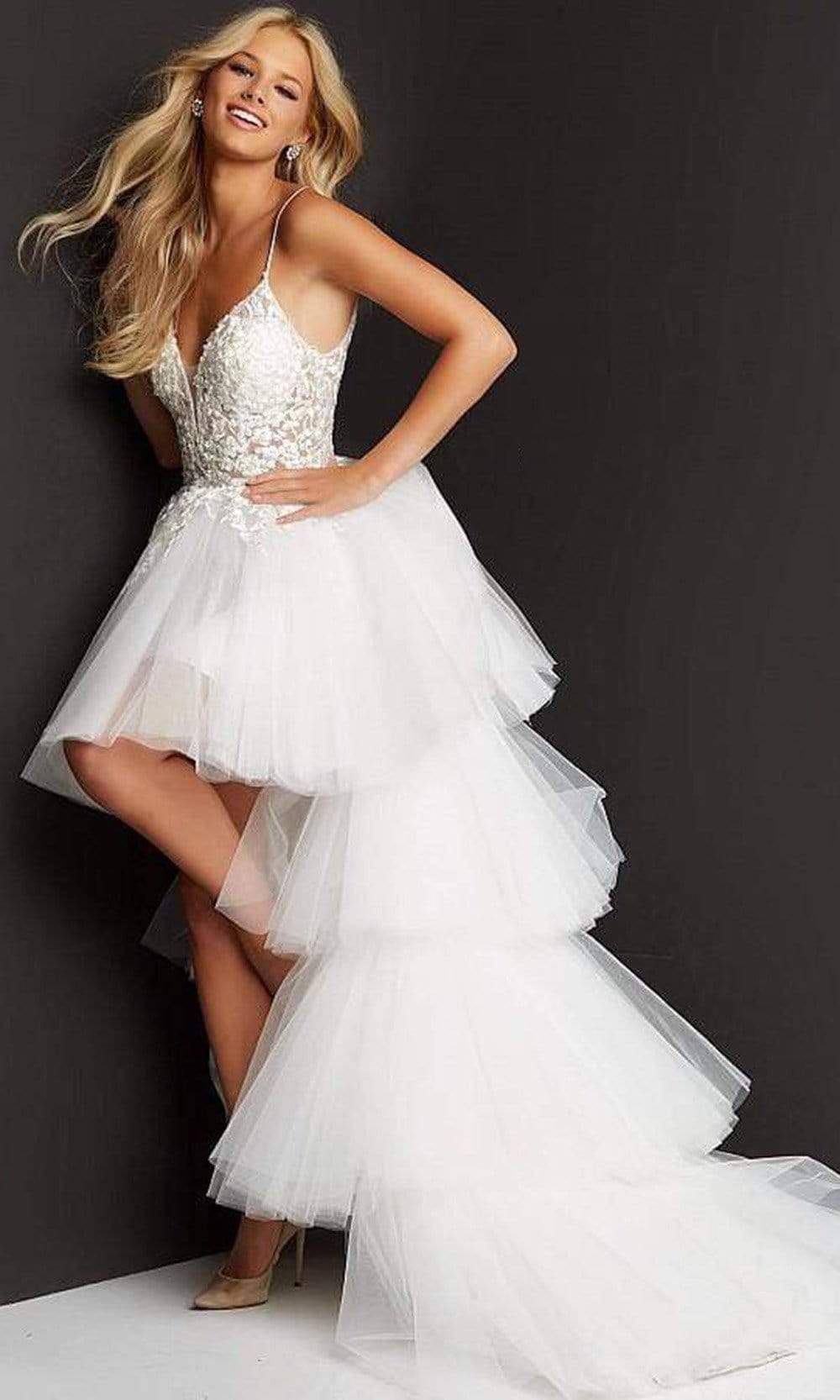 Jovani - 07263 Sheer Floral Embroidered Bodice High Low Prom Dress Special Occasion Dress 00 / Off-White