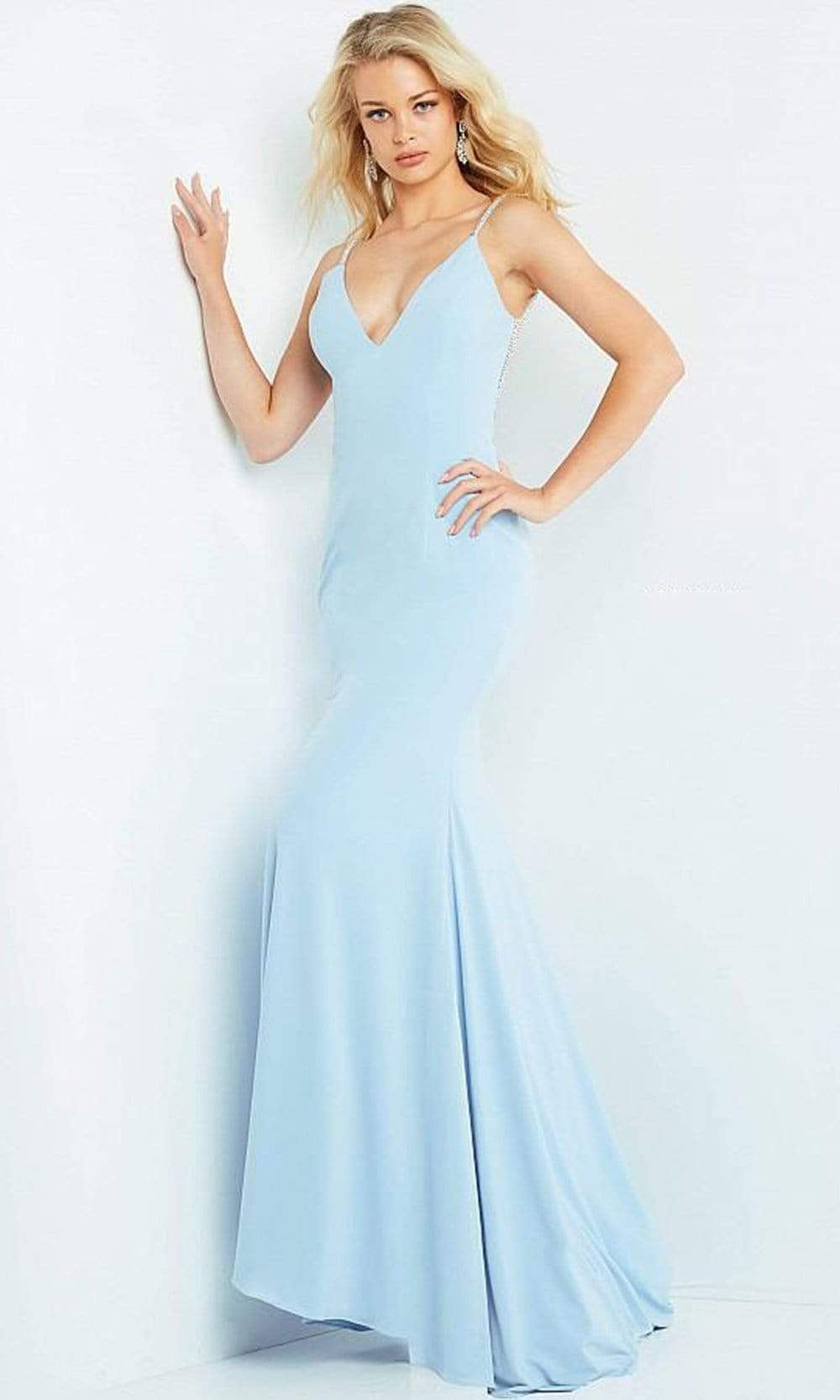 Jovani - 07297 Embellished Plunging V Neck Trumpet Dress Special Occasion Dress 00 / Light-Blue