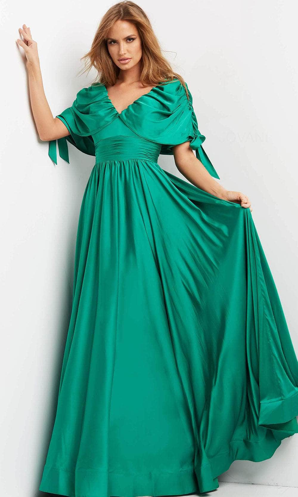 Jovani jovani_07504 - Long A-Line Dress - Ruched Cape Sleeves, Tie Bow  Accent, V-Open Back, Pleated Waistband, Sweep Train  ADASA
