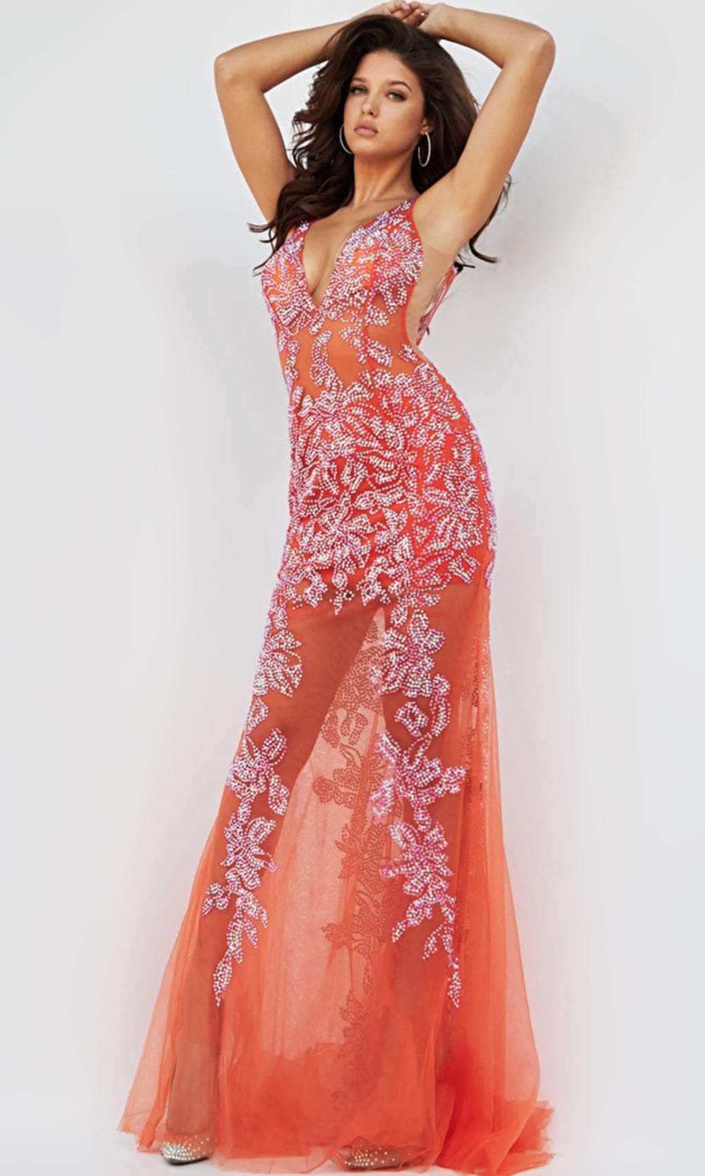 Jovani 08275 - Illusion Beaded Evening Dress Evening Dresses 00 / Tangerine