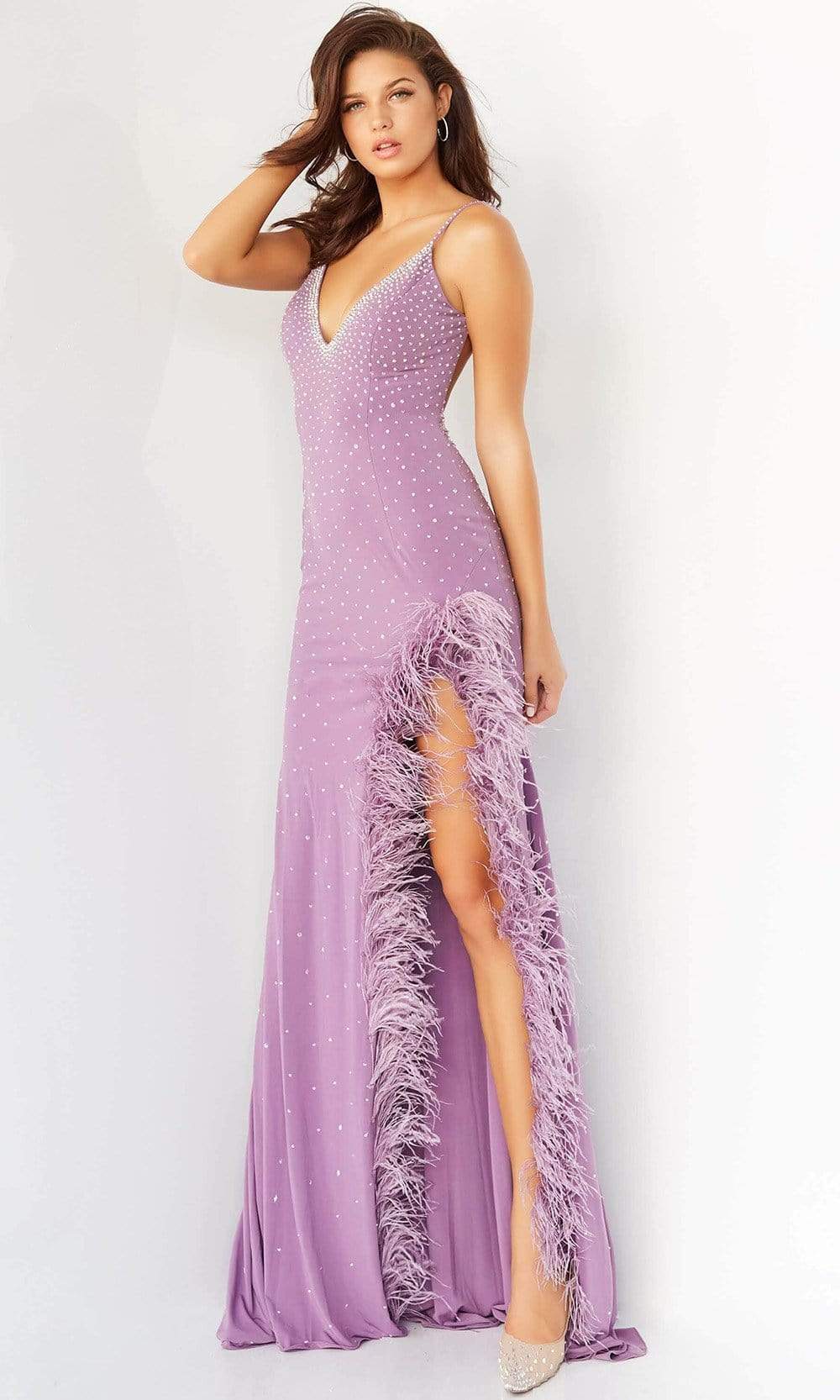 Jovani - 08283 Beaded Deep V-Neck Long Gown Prom Dresses 00 / Lilac