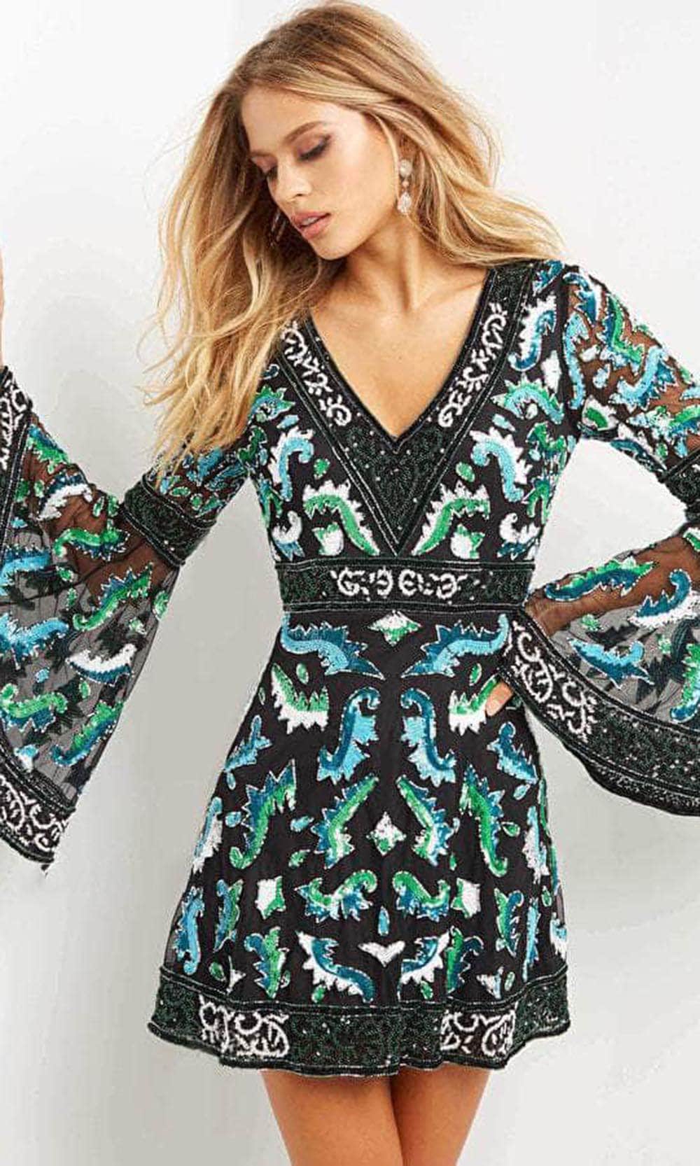 Jovani 08448 - Short A-line Dress - Bell long sleeves, Beads, Sequins, Sheer, Illusion panel, Waistband, Open back, Inverted V-shaped cut, Zipper closure ADASA Jovani 08448 - Short A-line Dress - Bell long sleeves, Beads, Sequins, Sheer, Illusion panel, Waistband, Open back, Inverted V-shaped cut, Zipper closure ADASA