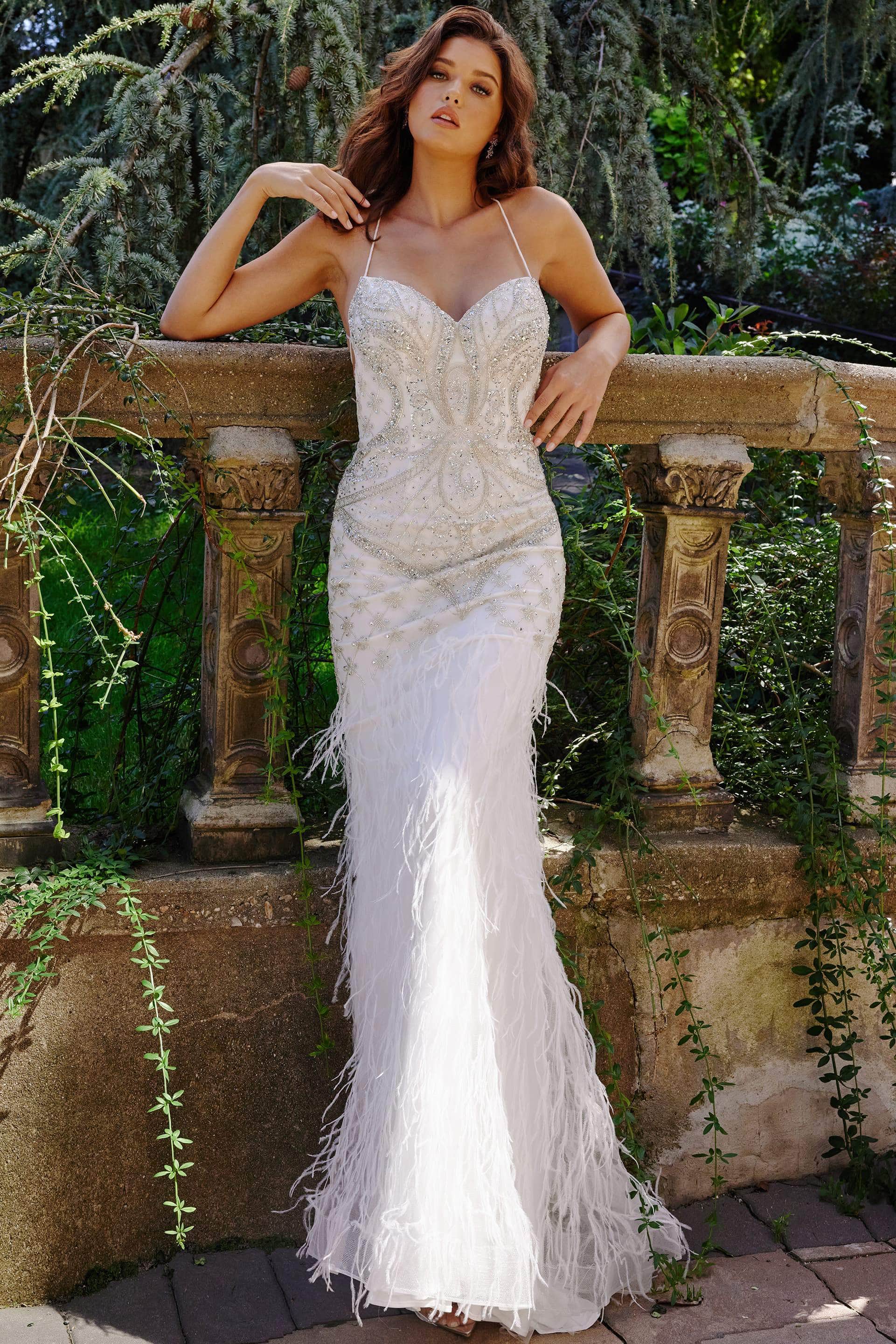 Jovani 08550 - Long Mermaid Dress - Spaghetti Straps, Beaded, Lace Up Back, Feathers, Sweep Train 14 / Lilac