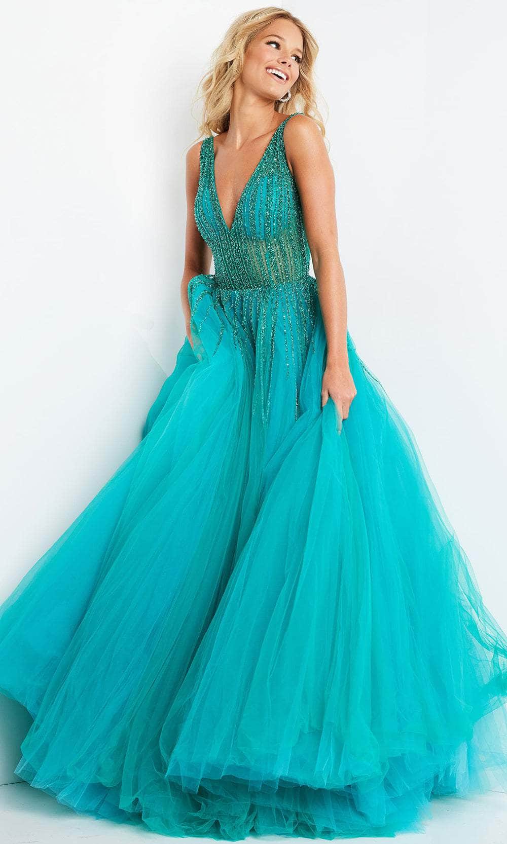 Jovani 08638 - Long Ballgown Dress - Tulle, Sleeveless, Embellished Bodice, Deep V-Open Back, Zipper Closure, Sweep Train ADASA Jovani 08638 - Long Ballgown Dress - Tulle, Sleeveless, Embellished Bodice, Deep V-Open Back, Zipper Closure, Sweep Train ADASA