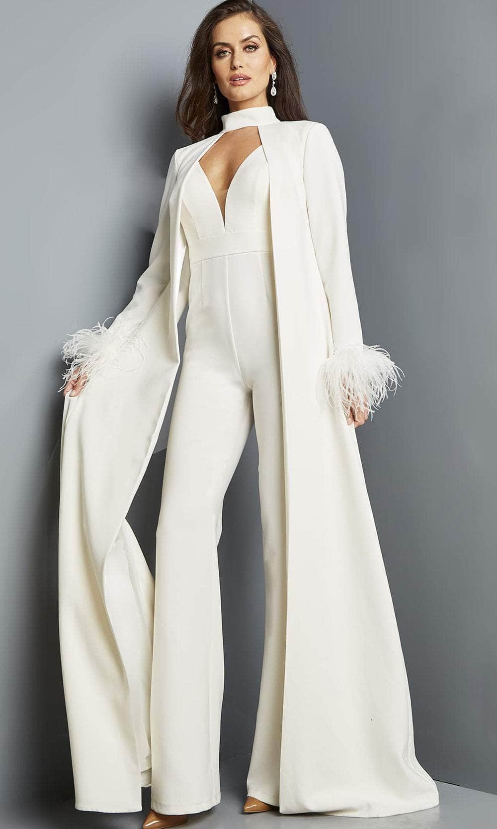Jovani 09479 - V-Neck Cape Jumpsuit Jumpsuit Dresses 00 / Ivory