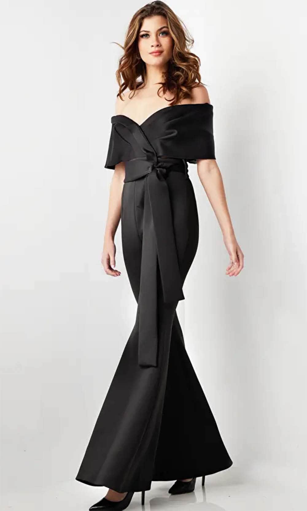 black formal jumpsuit dress The Corvine | Black Formal Jumpsuit V-Neck Chiffon Ruffle Waist Cape Jumpsuit