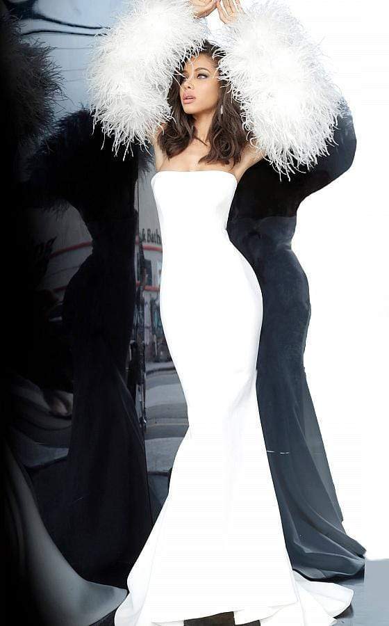 Jovani - 1226 Strapless Trumpet Dress With Feathered Sleeves Pageant Dresses