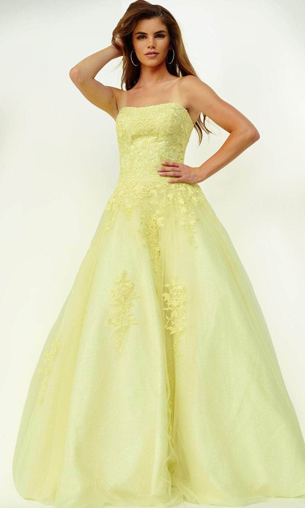 Jovani 1831 - Long Lace/Tulle Ballgown Dress - Strapless, Rosette Details,  Lace Appliques, Embroidered Details, Layered Skirt, Sweep Train  ADASA