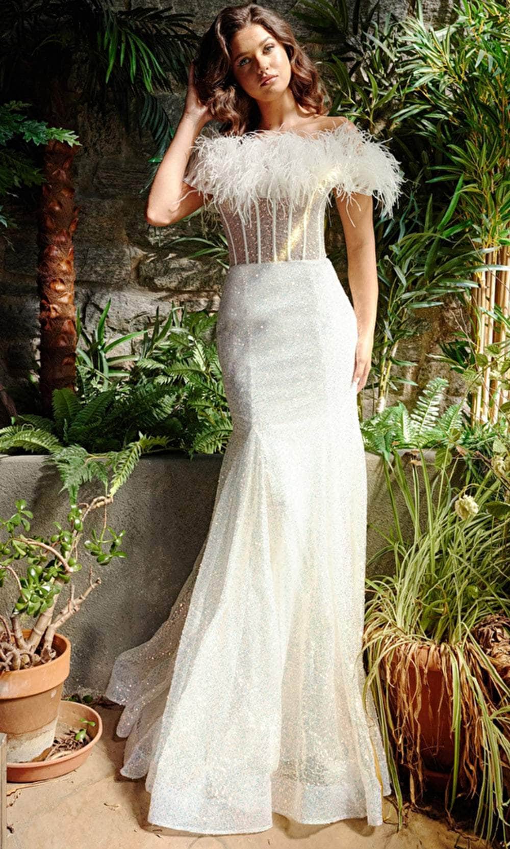 Jovani 23958 - Long Trumpet Dress - Feathers, Strapless, Boning, Corset, Glitters, Horsehair Hem, Full Length 00 / Off-White Jovani 23958 - Long Trumpet Dress - Feathers, Strapless, Boning, Corset, Glitters, Horsehair Hem, Full Length 00 / Off-White
