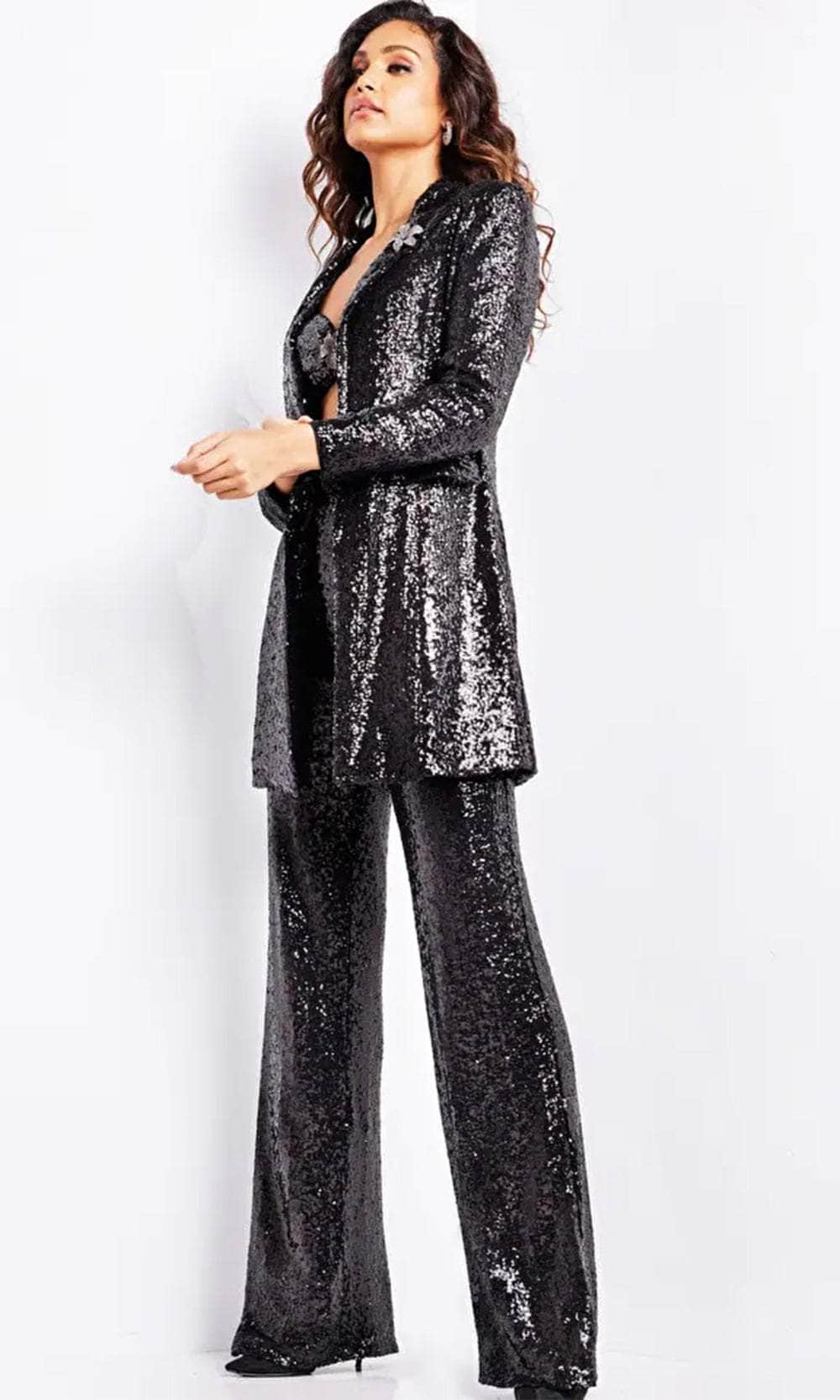 Jovani 25749 - Sequin Long Sleeve Pantsuit Formal Pantsuit 00 Black