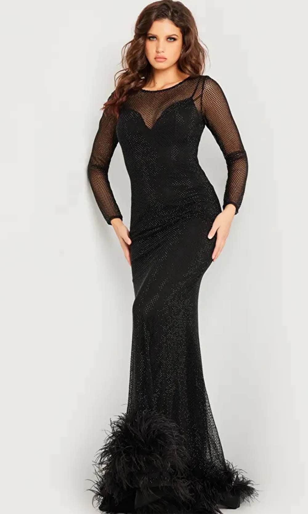 Jovani 26047 - Long Net Mermaid Dress - Illusion Long Sleeves and Neckline, Fitted Bodice, Feather Detailed Hemline, Train ADASA Jovani 26047 - Long Net Mermaid Dress - Illusion Long Sleeves and Neckline, Fitted Bodice, Feather Detailed Hemline, Train ADASA
