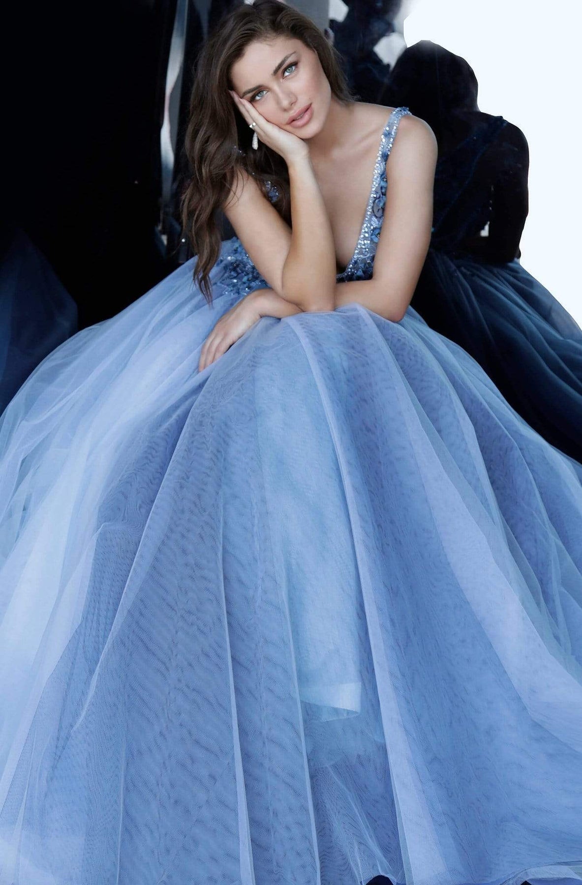 Jovani - 3110 Floral Applique Deep V-neck Tulle Ballgown Ball Gowns 00 / Blue
