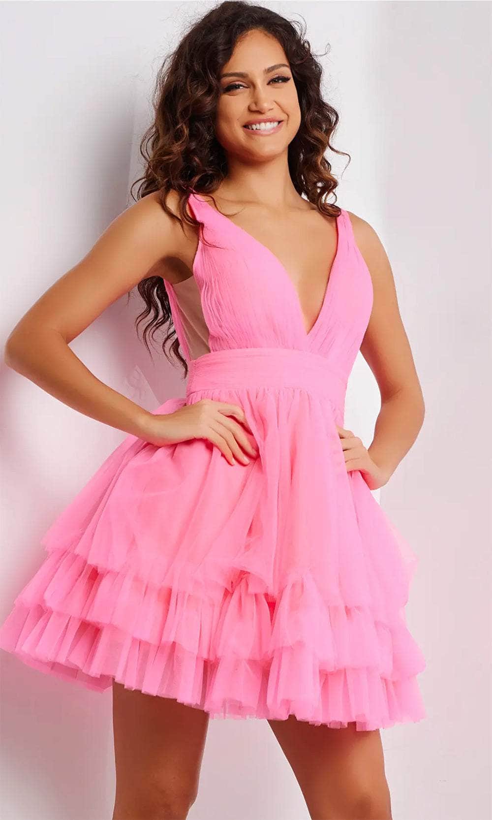 Jovani 36575 - Short Tulle A-Line Dress - Sleeveless, Ruched, Wide Waistband, Side Sheer Panel, Tiered Ruffle Hem, Layered Skirt ADASA Jovani 36575 - Short Tulle A-Line Dress - Sleeveless, Ruched, Wide Waistband, Side Sheer Panel, Tiered Ruffle Hem, Layered Skirt ADASA