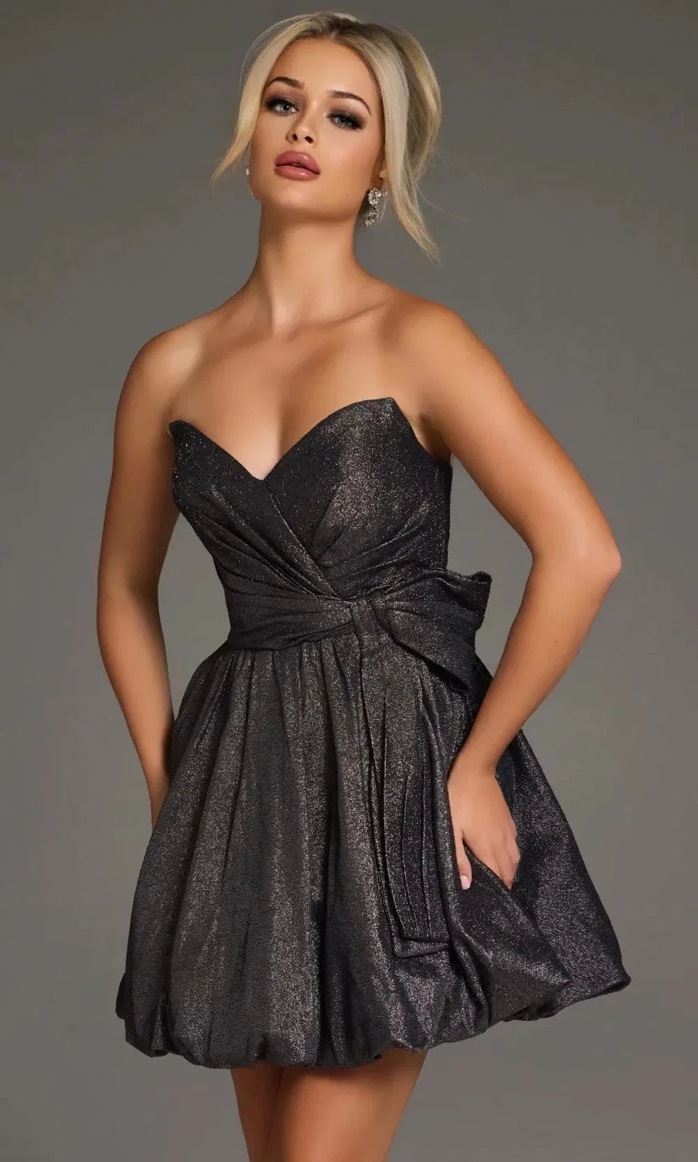 Jovani 37017 - Short A-line Dress - Strapless, Bubble Hem, Bow Waist, Short Length, Open Back ADASA Jovani 37017 - Short A-line Dress - Strapless, Bubble Hem, Bow Waist, Short Length, Open Back ADASA