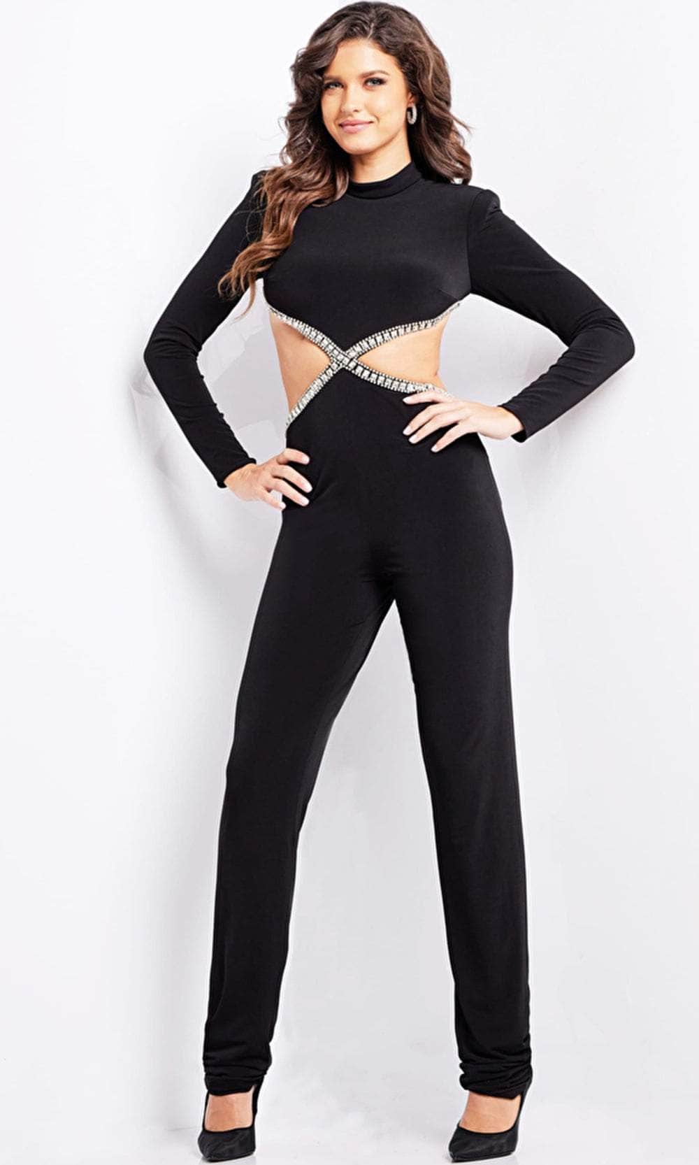 Jovani 37038 - Embellished Long Sleeve Jumpsuit Formal Pantsuit 00 Black