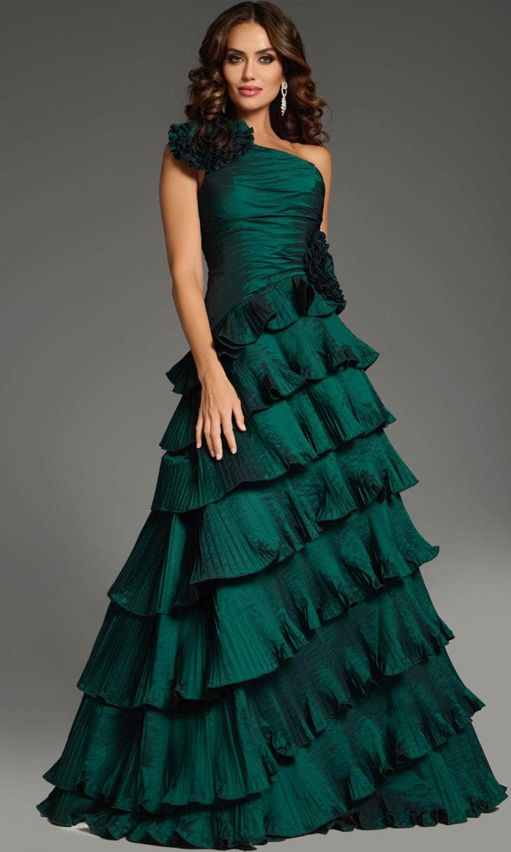 Jovani 37065 - Long A-Line Dress - Floral Appliques, One-Shoulder, Tiered Ruffle, Ruched Back Zipper Closure 8 / Navy Jovani 37065 - Long A-Line Dress - Floral Appliques, One-Shoulder, Tiered Ruffle, Ruched Back Zipper Closure 8 / Navy