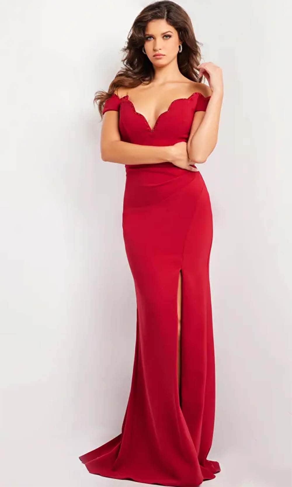 Jovani 37147 - Long Crepe Sheath Dress - Scallop Neckline, Off-Shoulder, Fitted Bodice, Back Zipper Closure, Godet, Slit, Train ADASA Jovani 37147 - Long Crepe Sheath Dress - Scallop Neckline, Off-Shoulder, Fitted Bodice, Back Zipper Closure, Godet, Slit, Train ADASA