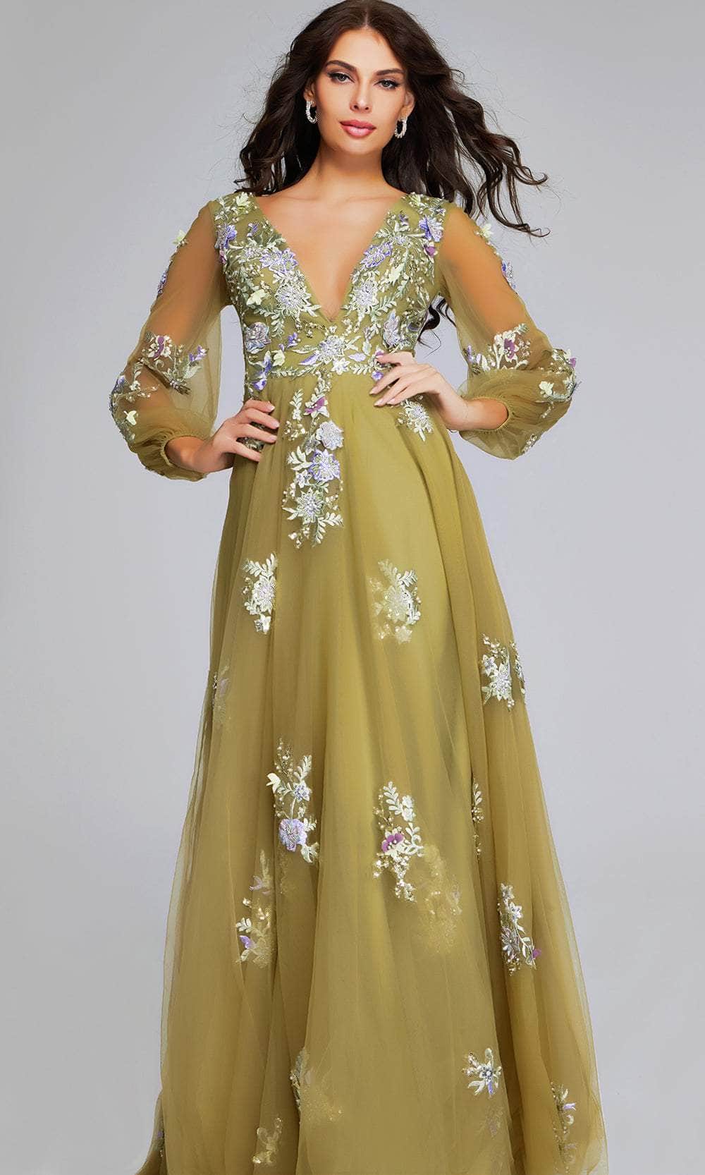 Jovani 37607 Long A-Line Dress Sheer Bishop Sleeve, Floral