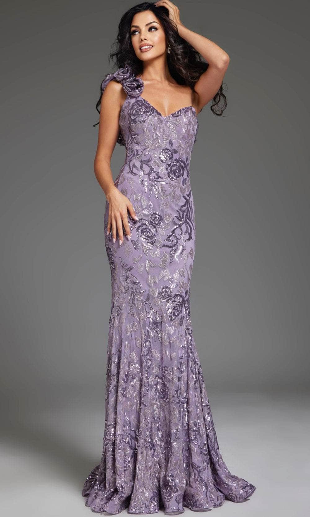 Jovani 37634 - Long Mermaid Dress - Floral Embellished, One-Shoulder, Ruffle Details, Fitted Bodice, Open Back, Sequin Embellished, Train ADASA Jovani 37634 - Long Mermaid Dress - Floral Embellished, One-Shoulder, Ruffle Details, Fitted Bodice, Open Back, Sequin Embellished, Train ADASA