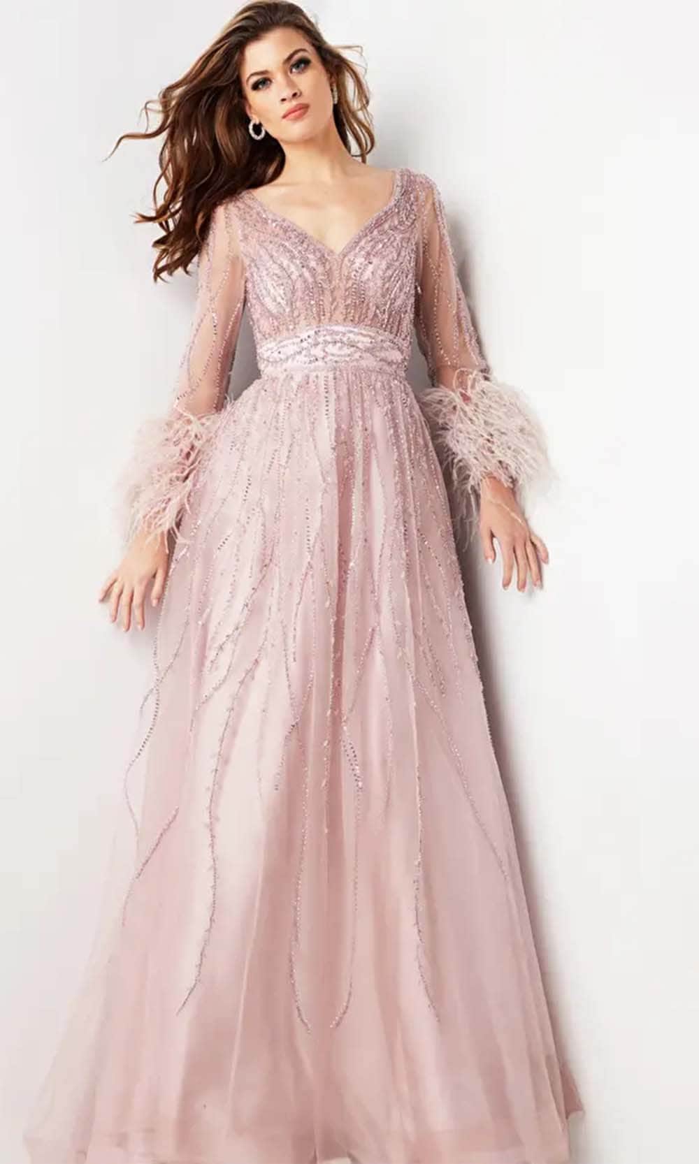 Jovani 38583 - Long A-Line Dress - Long Sleeves, Feather Details, Beaded, V-Shaped Back, Back Zipper Closure, Train ADASA Jovani 38583 - Long A-Line Dress - Long Sleeves, Feather Details, Beaded, V-Shaped Back, Back Zipper Closure, Train ADASA