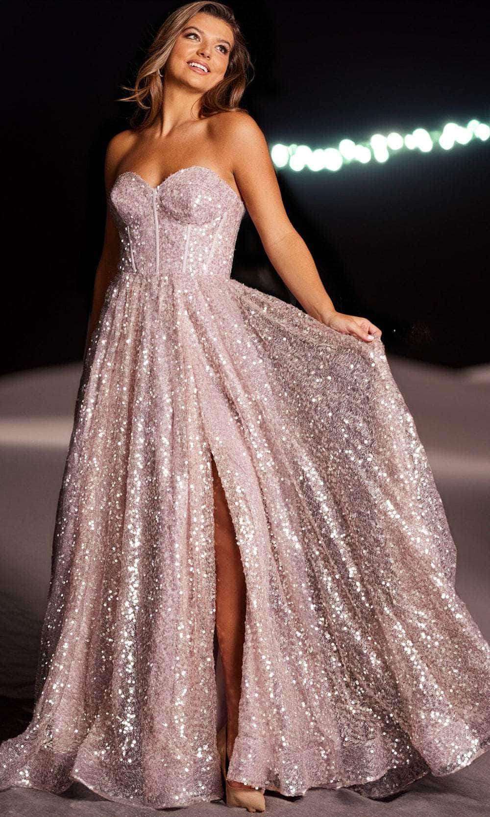 Jovani 38607 - Long Sequin A-Line Dress - Strapless, Corset, Mid-Open Back, Back Zipper, Floor-Length 22 / Platinum Jovani 38607 - Long Sequin A-Line Dress - Strapless, Corset, Mid-Open Back, Back Zipper, Floor-Length 22 / Platinum