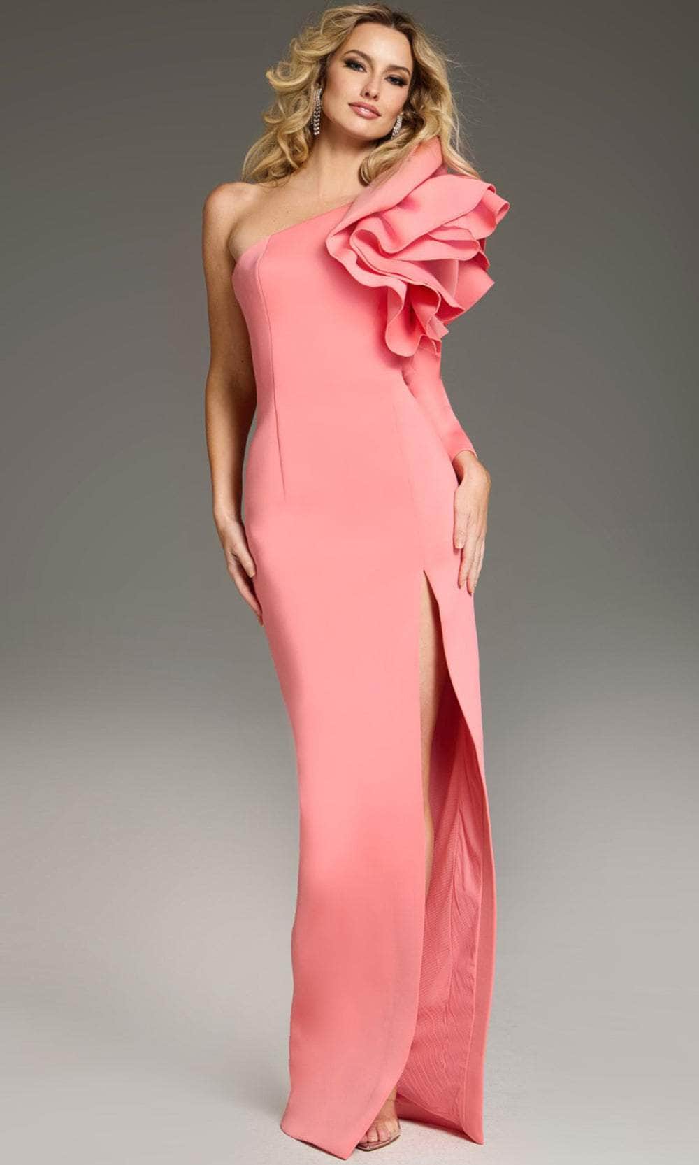 Jovani 38928 - Long Sheath Dress - Ruffled Sleeve, Fitted Bodice, One- Shoulder, Seams, High Slit, Back Zipper Closure ADASA Jovani 38928 - Long Sheath Dress - Ruffled Sleeve, Fitted Bodice, One- Shoulder, Seams, High Slit, Back Zipper Closure ADASA