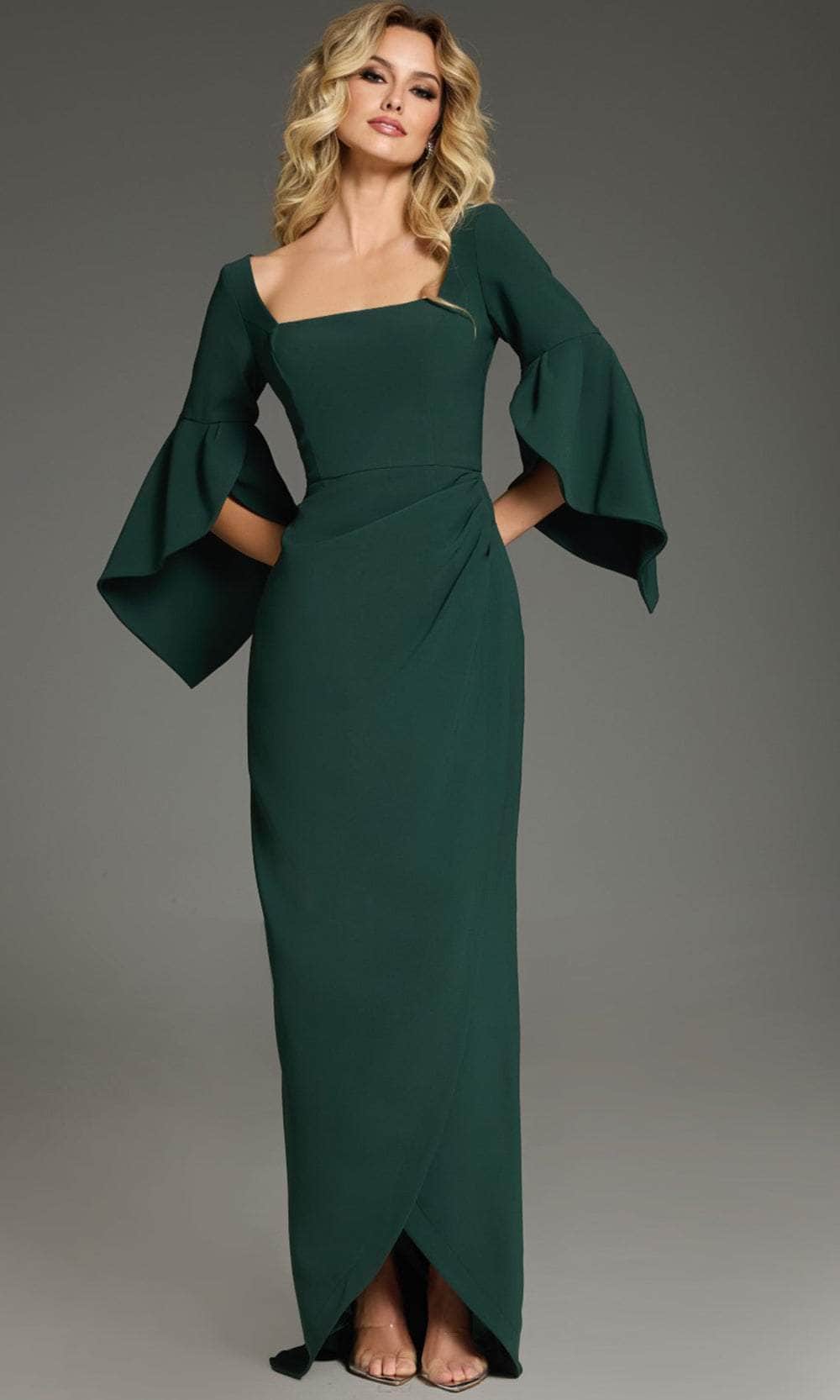 Jovani 39082 - Long Sheath Dress - Bell Sleeve, Ruched, Fitted Bodice, Back Zipper Closure 14 / Wine Jovani 39082 - Long Sheath Dress - Bell Sleeve, Ruched, Fitted Bodice, Back Zipper Closure 14 / Wine