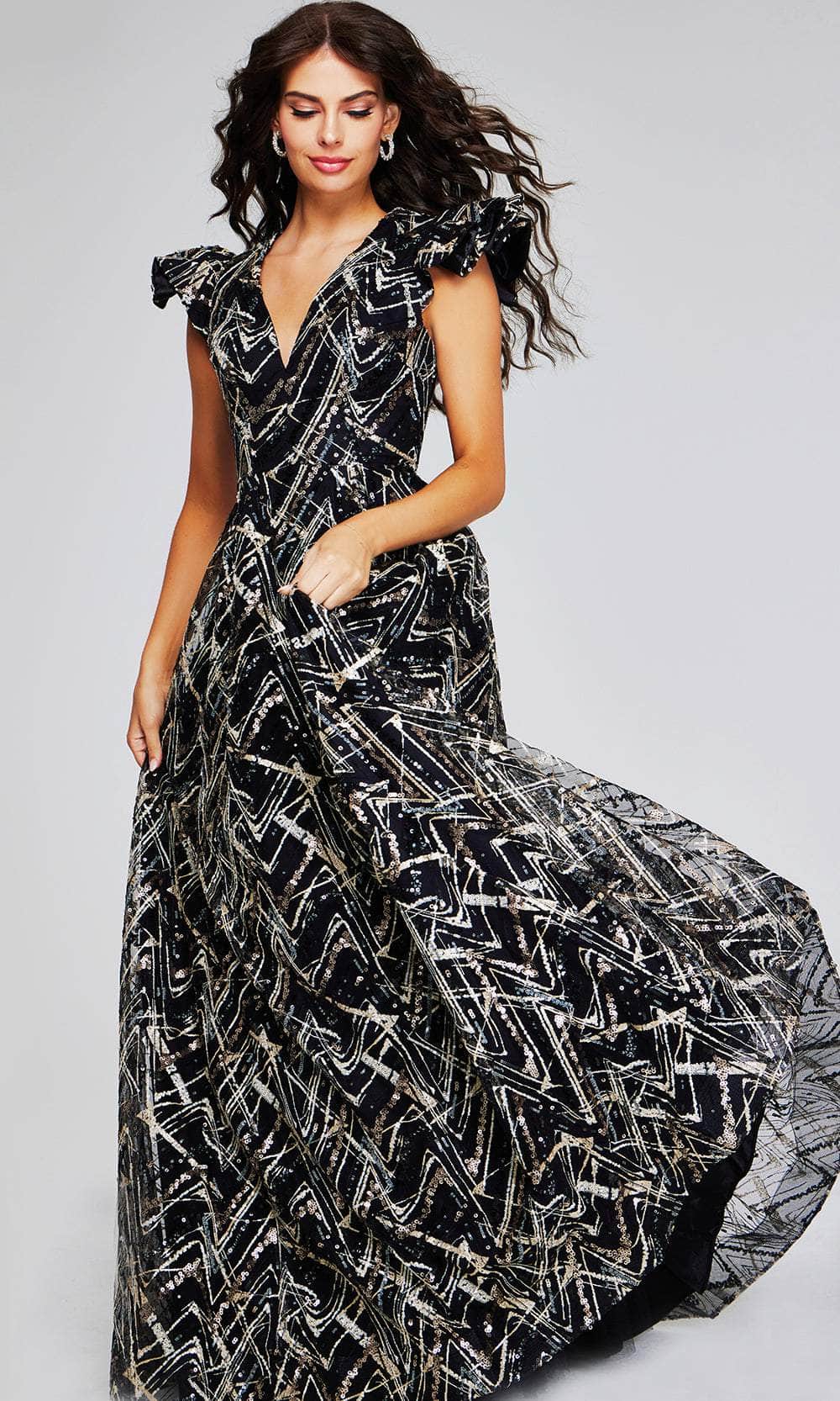 Jovani 39274 - Long A-Line Dress - Ruffled Cap Sleeves, Geometric Sequins, Fully Covered Back, Sweep Train ADASA Jovani 39274 - Long A-Line Dress - Ruffled Cap Sleeves, Geometric Sequins, Fully Covered Back, Sweep Train ADASA